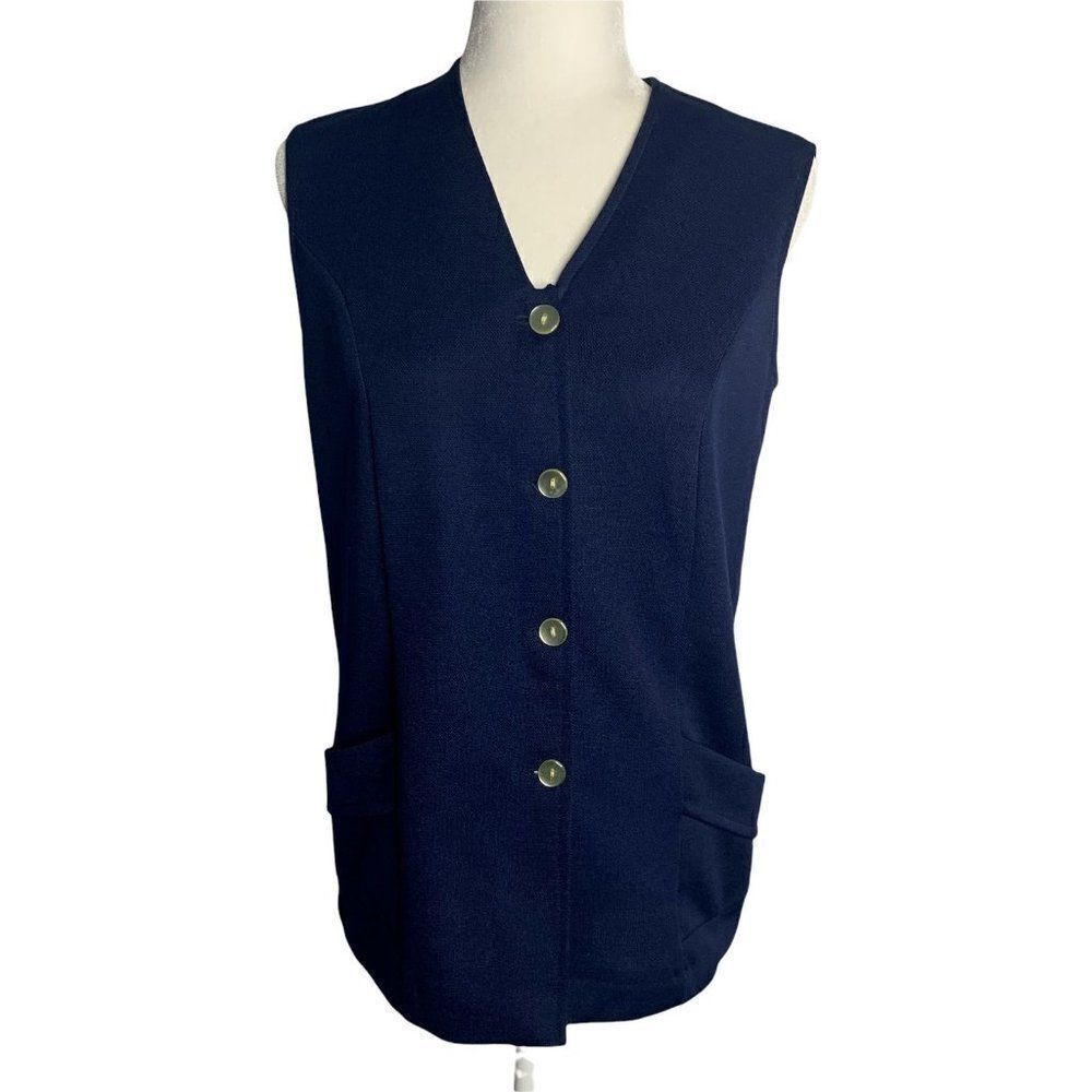 Vintage 60s Button Down Double Knit Vest M Navy Blue Pockets Sleeveless V Neck
